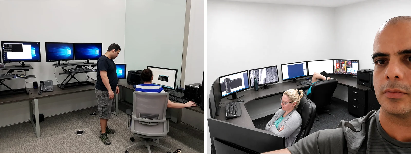 I.T.S. team members collaborating in an office and working at development and quality assurance stations