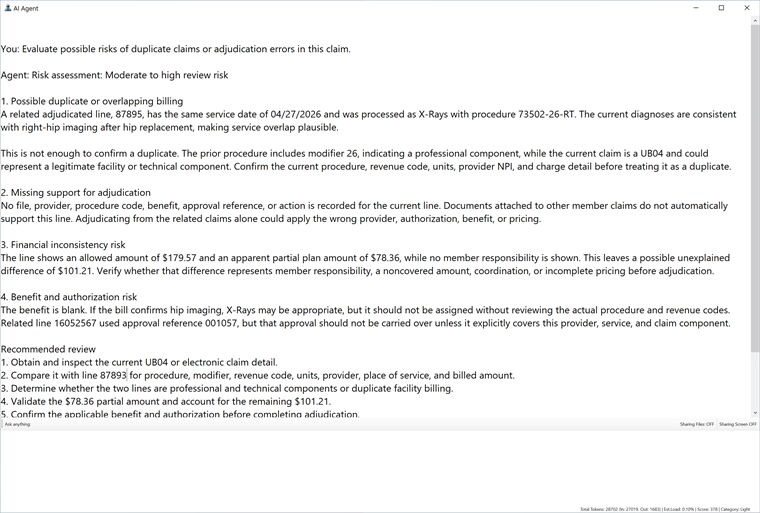 Complete AI Agent demonstration assessing duplicate claim, adjudication, financial, benefit, and authorization risks