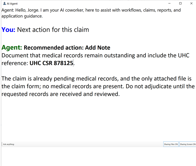 Complete AI Agent demonstration recommending Add Note as the next claim action while file and screen sharing are enabled