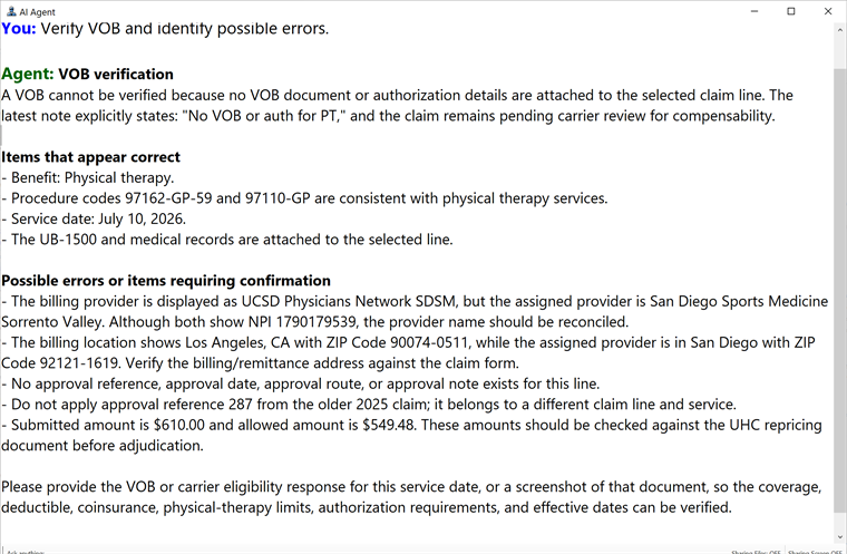 Complete AI Agent demonstration reviewing VOB, provider identity, location, authorization, and pricing inconsistencies