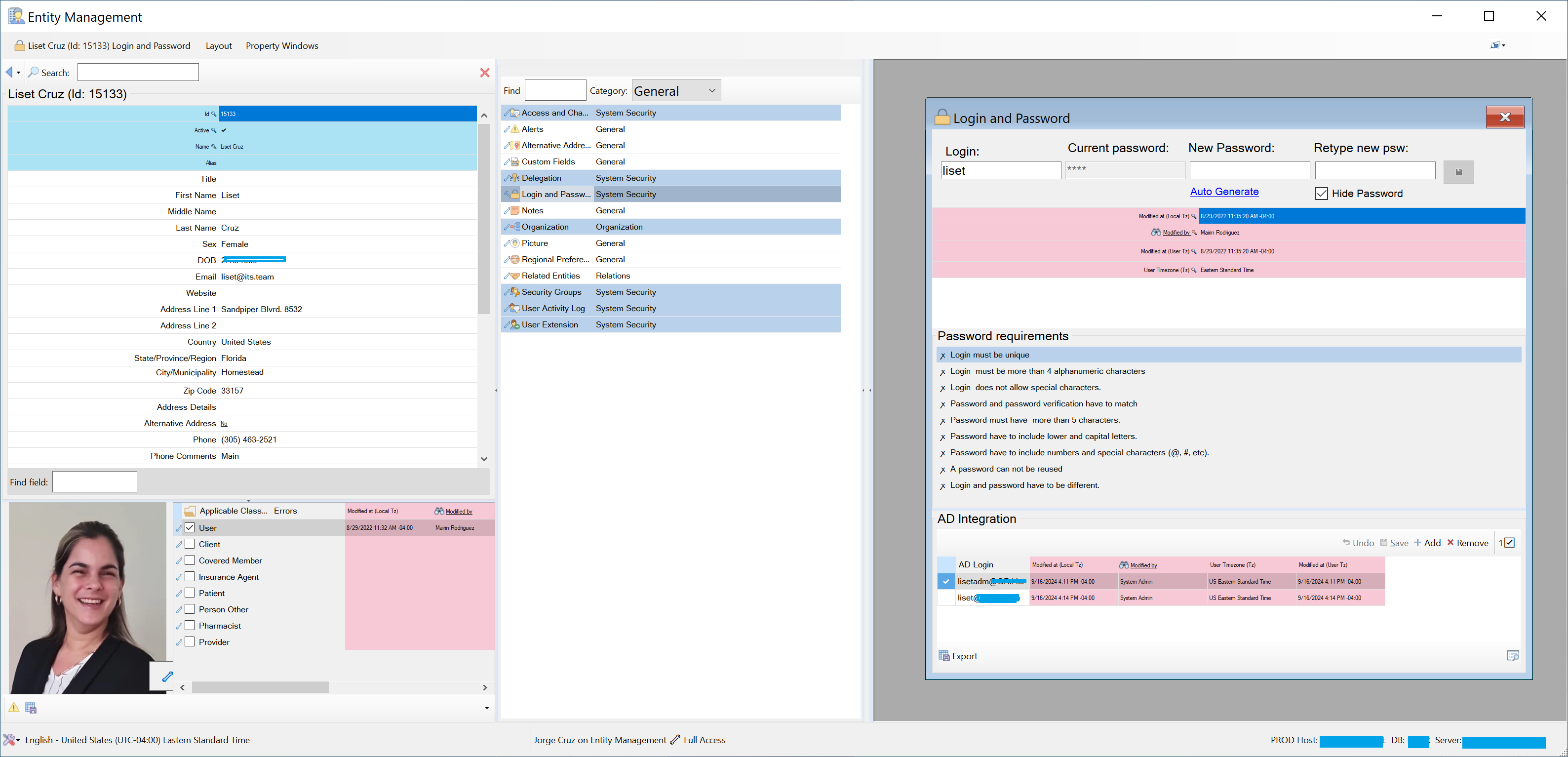 Complete Entity Management screen showing a Person entity, editor catalog, and Login and Password editor with password rules, audit information, and Active Directory integration