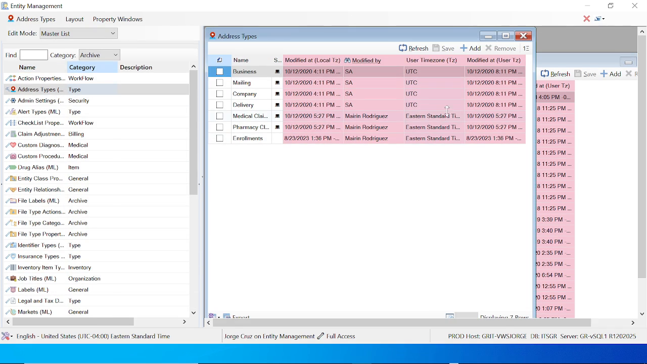 Complete Entity Management workspace in Master List mode with Address Types and Job Titles editors open
