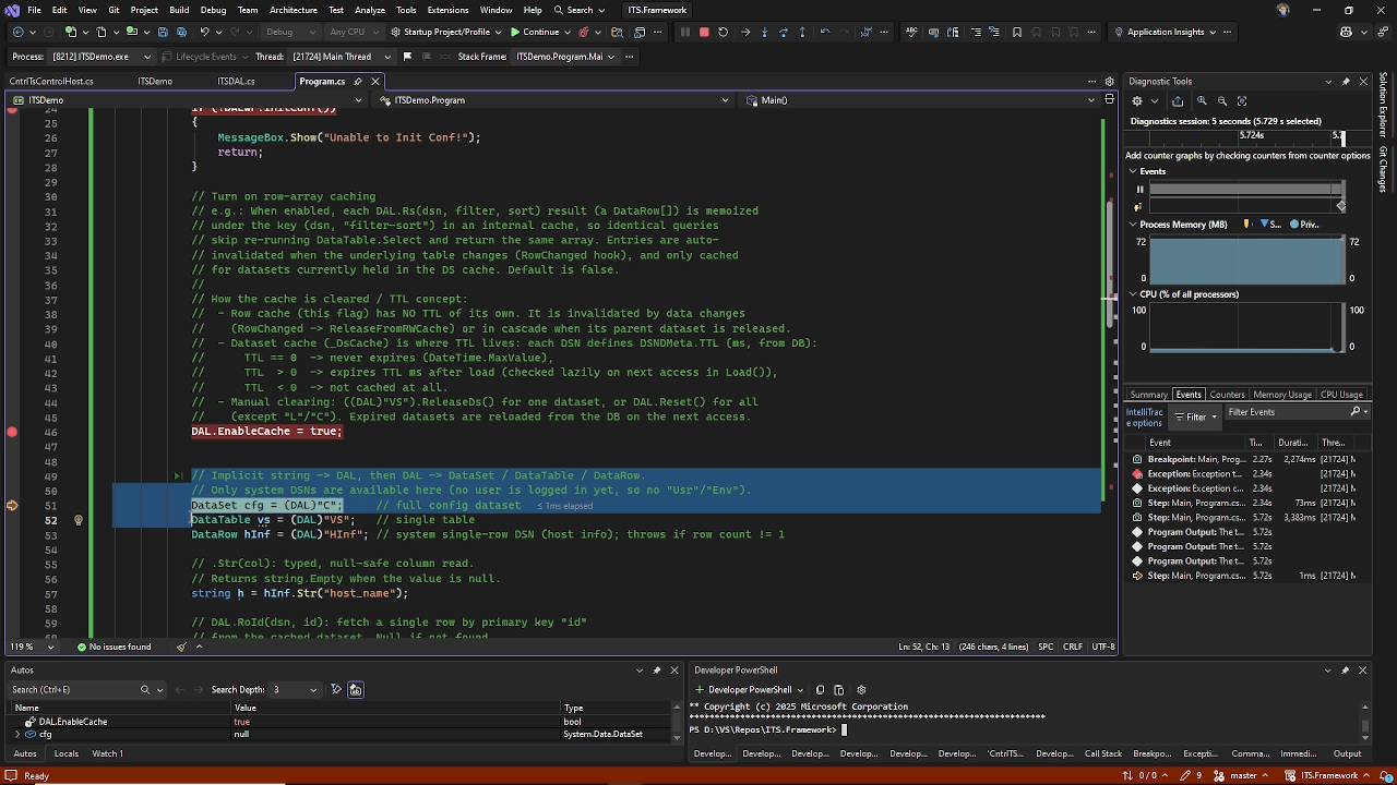 Visual Studio debugging the ITS Framework DAL while resolving named datasets, rows, and cached data
