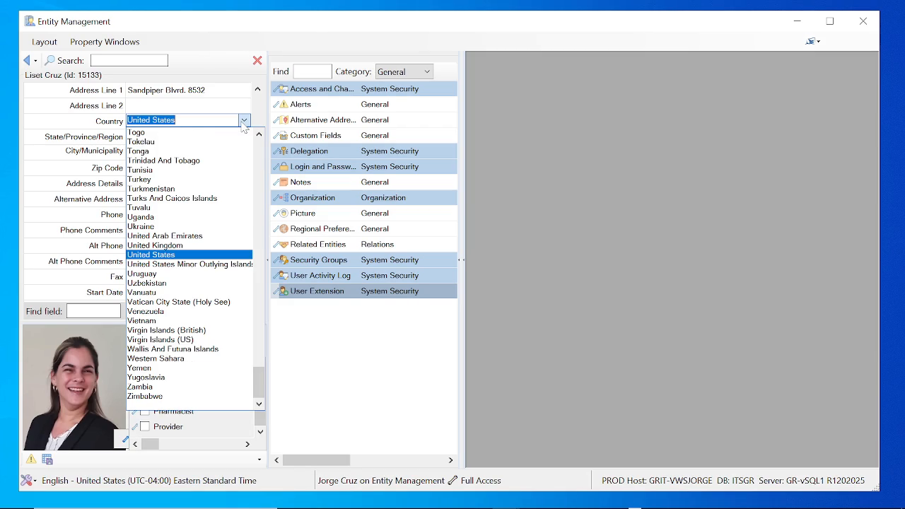 Complete Entity Management workspace showing a User entity in a Pivot Row with the Country ComboBox open