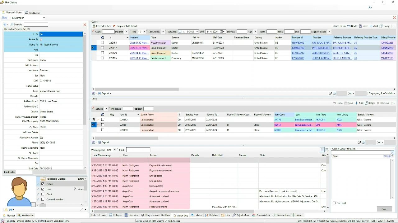 Complete I.T.S. Framework application with the workflow Action Log displayed beneath the active workspace